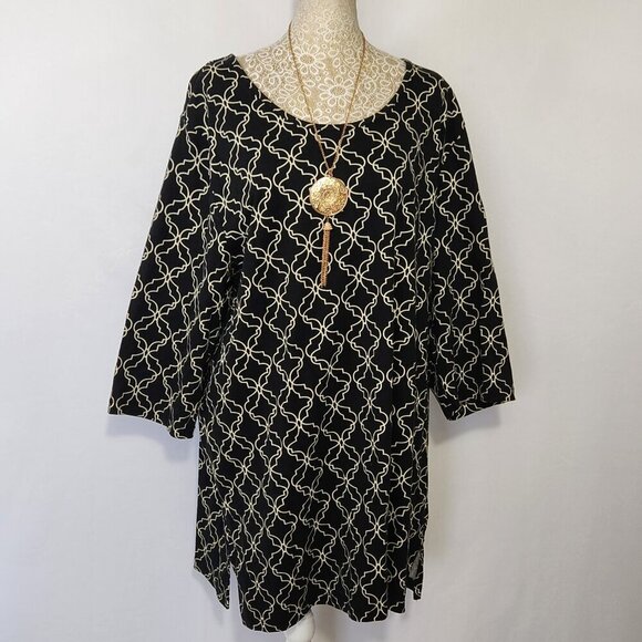 Catherine's Size 1X Black Geo Print 3/4 Sleeve 100% Cotton Tunic Top Casual - Picture 1 of 14